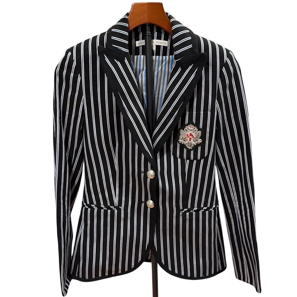 Veronica Beard Striped Blazer Crest Detail USA Women's Cotton‎ Black White sz 0